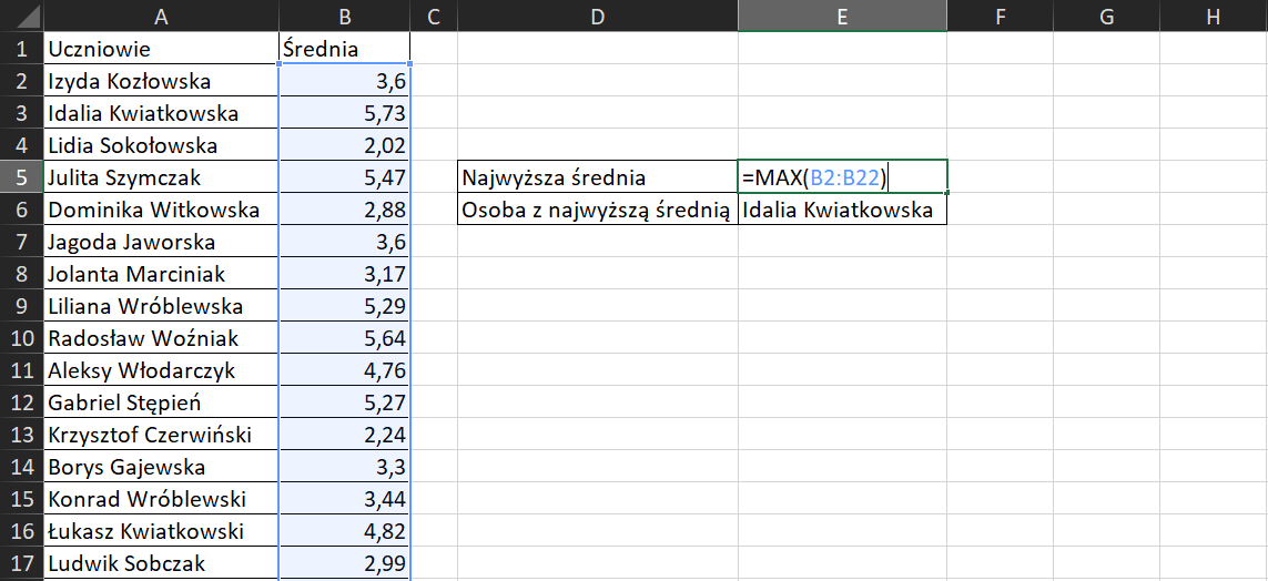 Na zrzucie ekranu widoczny jest fragment arkusza Excel. W komórce A1 umieszczono tytuł Uczniowie. W komórkach od A2 do A17 wpisano imiona i nazwiska. W komórce B1 umieszczono tytuł Średnia. W komórkach od B2 do B17 wpisane są średnie z dokładnością do 2 miesc po przecinku. W komórce D5 wpisano tytuł Najwyższa średnia. W komórce E5 wpisano formułę, która brzmi następująco: =MAX(B2:B22) W komórce D6 wpisano tytuł Osoba z najwyższą średnią. W komórce E6 wpisano nazwisko uczennicy z najwyższą średnią, jest to Idalia Kwiatkowska.