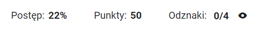 Ilustracja przedstawia panel postępu. Od lewej znajdują się tam informacje: Postęp, wartość w procentach, Punkty, liczba bez jednostki, odznaki, ułamek ilość zdobytych odznak w liczniku, a ilość wszystkich odznak w mianowniku.