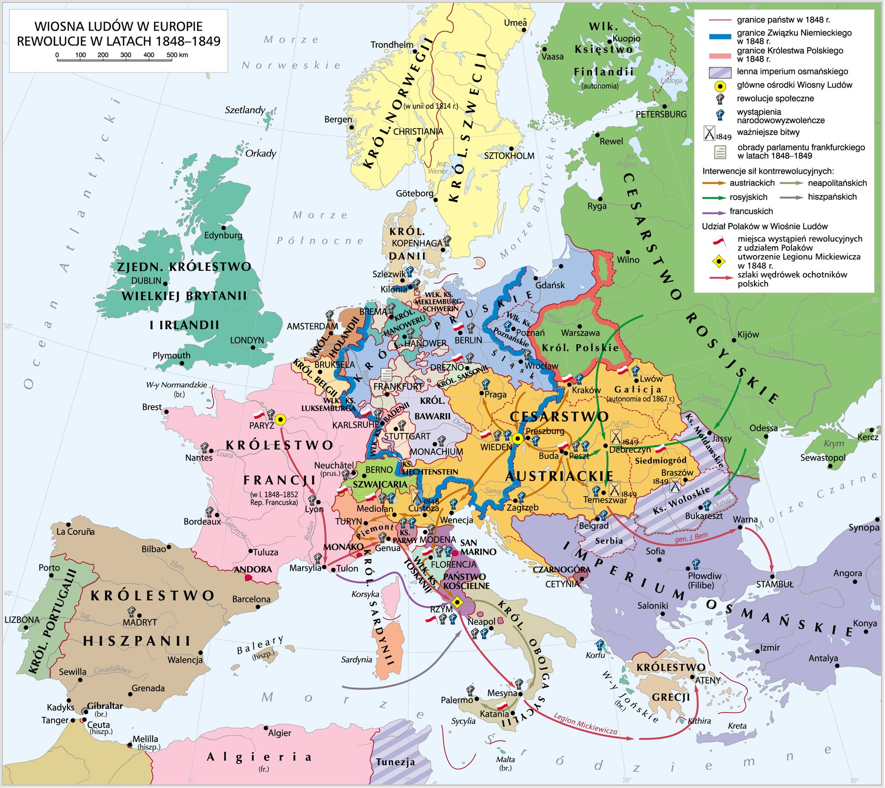 Kliknij, aby powiększyć Mapa opisująca Wiosnę Ludów w Europie. Zaznaczono granice państw w 1848 roku
Granice Związku Niemieckiego w 1848 roku:
Królestwo Hanoweru
Wielkie księstwo Meklenburg‑Schwerin
Królestwo Pruskie
Wielkie Księstwo Badenii
Królestwo Bawarii
część Cesarstwa Austriackiego
Śląsk
Królestwo Saksonii
Granice Królestwa Polskiego 1848 roku:
Królestwo obejmowało Warszawę, tereny Mazowsza, tereny na zachód od Wilna, tereny na wschód od Poznania i Wrocławia, tereny na północ od Krakowa.
Lenna imperium osmańskiego:
Księstwo Wołoskie
Księstwo Mołdawskie
Serbia
Tunezja
Główne ośrodki Wiosny Ludów:
Paryż
Wiedeń
Rewolucje społeczne:
Kopenhaga
Kilonia
Berlin
Hannover
Brema
Amsterdam
Stuttgart
Monachium
Drezno
Wrocław
Peszt
Mediolan
Karlsruhe
Wiedeń
Genua
Florencja
Rzym
Neapol
Palermo
Marsylia
Lyon
Madryt
Mesyna
Bordeaux
Neuchatel
Paryż
Modena
Nantes
Wystąpienia narodowowyzwoleńcze:
Szlezwik
Preszeburg
Praga
Poznań
Lwów
Peszt
Temeszfar
Kraków
Mediolan
Parma
Florencja
Wenecja
Neapol
Rzym
Belgrad
Bukareszt
Płowdiw
Wiedeń
Zagrzeb
Korfu
Ważniejsze bitwy:
Custoza - 1848
Temeszwar - 1849
Debreczyn - 1849
Braszów - 1849
Obrady parlamentu frankfurckiego w latach 1848‑1849
Frankfurt
Interwencje sił kontrrewolucyjnych:
austriackich
rosyjskich
francuskich
neapolitańskich
hiszpańskich
Udział Polaków w Wiośnie Ludów
Miejsca wystąpień rewolucyjnych z udziałem Polaków: Berlin, Drezno, Wiedeń, Paryż, Rzym, Florencja, Katania, Siedmiogród , Lwów, Peszt, Karlsruhe, Kraków, Mediolan,
Zaznaczono utworzenie Legionu Mickiewicza w 1848 roku - Rzym;
Szlaki wędrówek ochotników polskich:
Paryż - Lyon - Marsylia - Genua - Rzym - Mesyna - Ateny,
Temeszwar - Warna - Stambuł