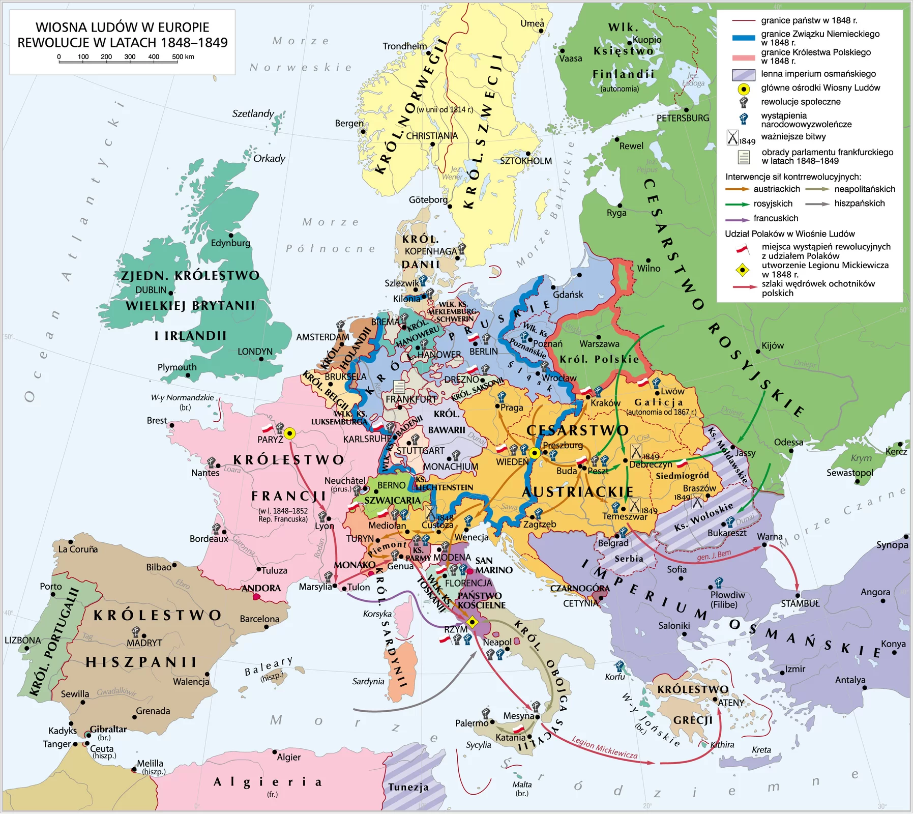 Kliknij, aby powiększyć Mapa opisująca Wiosnę Ludów w Europie. Zaznaczono granice państw w 1848 roku
Granice Związku Niemieckiego w 1848 roku:
Królestwo Hanoweru
Wielkie księstwo Meklenburg‑Schwerin
Królestwo Pruskie
Wielkie Księstwo Badenii
Królestwo Bawarii
część Cesarstwa Austriackiego
Śląsk
Królestwo Saksonii
Granice Królestwa Polskiego 1848 roku:
Królestwo obejmowało Warszawę, tereny Mazowsza, tereny na zachód od Wilna, tereny na wschód od Poznania i Wrocławia, tereny na północ od Krakowa.
Lenna imperium osmańskiego:
Księstwo Wołoskie
Księstwo Mołdawskie
Serbia
Tunezja
Główne ośrodki Wiosny Ludów:
Paryż
Wiedeń
Rewolucje społeczne:
Kopenhaga
Kilonia
Berlin
Hannover
Brema
Amsterdam
Stuttgart
Monachium
Drezno
Wrocław
Peszt
Mediolan
Karlsruhe
Wiedeń
Genua
Florencja
Rzym
Neapol
Palermo
Marsylia
Lyon
Madryt
Mesyna
Bordeaux
Neuchatel
Paryż
Modena
Nantes
Wystąpienia narodowowyzwoleńcze:
Szlezwik
Preszeburg
Praga
Poznań
Lwów
Peszt
Temeszfar
Kraków
Mediolan
Parma
Florencja
Wenecja
Neapol
Rzym
Belgrad
Bukareszt
Płowdiw
Wiedeń
Zagrzeb
Korfu
Ważniejsze bitwy:
Custoza - 1848
Temeszwar - 1849
Debreczyn - 1849
Braszów - 1849
Obrady parlamentu frankfurckiego w latach 1848‑1849
Frankfurt
Interwencje sił kontrrewolucyjnych:
austriackich
rosyjskich
francuskich
neapolitańskich
hiszpańskich
Udział Polaków w Wiośnie Ludów
Miejsca wystąpień rewolucyjnych z udziałem Polaków: Berlin, Drezno, Wiedeń, Paryż, Rzym, Florencja, Katania, Siedmiogród , Lwów, Peszt, Karlsruhe, Kraków, Mediolan,
Zaznaczono utworzenie Legionu Mickiewicza w 1848 roku - Rzym;
Szlaki wędrówek ochotników polskich:
Paryż - Lyon - Marsylia - Genua - Rzym - Mesyna - Ateny,
Temeszwar - Warna - Stambuł