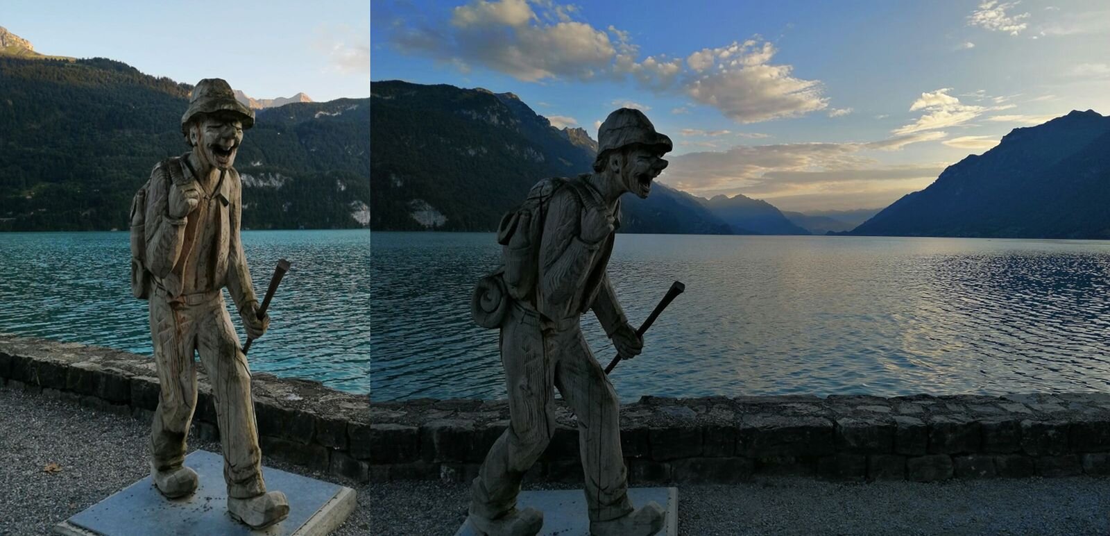 Zdjęcie przedstawia dwa ujęcia tej samej rzeźby plenerowej; z przodu i z boku. Rzeźba została wykonana w drewnie i ustawiona nad jeziorem w miejscowości Brienz w Szwajcarii. Przedstawia śmiejącego się mężczyznę w kapeluszu, z kijem i plecakiem podczas wędrówki. Za rzeźbą i jeziorem rozciąga się pasmo wysokich gór.