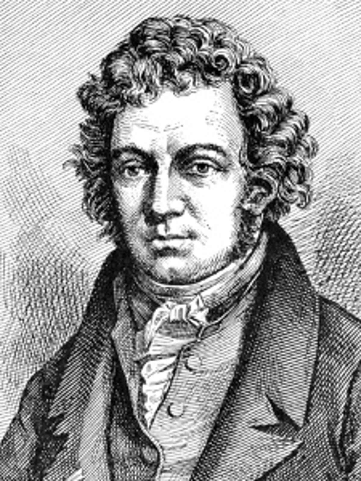 Portret André Marie Ampère'a. Na czarno‑białej rycina lewy półprofil mężczyzny ubranego w elegancki strój. Mężczyzna ma półdługie loki przechodzące w bokobrody. Broda i wąsy wygolone. Mocno zarysowany nos.