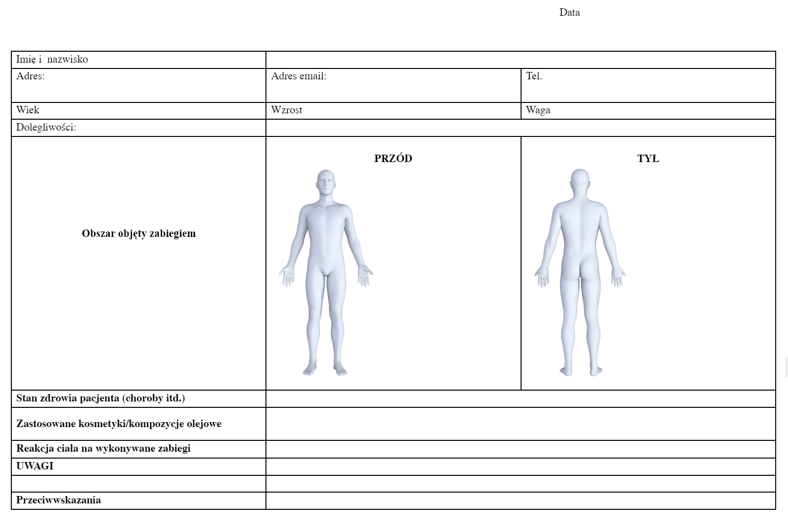 Grafika przedstawia przykładową dokumentację masażu relaksacyjnego lub pielęgnacyjnego. Nad tabelą miejsce na wpisanie daty. Tabela zawiera komórki do wypełnienia: imię i nazwisko, adres, adres email, telefon, wiek, wzrost, waga, dolegliwości, obszar objęty zabiegiem - ilustracje przedstawiające schematy ustawienia ciała ludzkiego. Na pierwszej grafice ciało jest ukazane z przodu, z wyprostowanymi nogami i rękami wzdłuż tułowia. Na drugiej grafice ciało jest ukazane z tyłu, z wyprostowanymi nogami i rękami wzdłuż tułowia, stan zdrowia pacjenta (choroby, i tak dalej), zastosowane kosmetyki (kompozycje olejowe), reakcja ciała na wykonane zabiegi, uwagi, przeciwwskazania.
