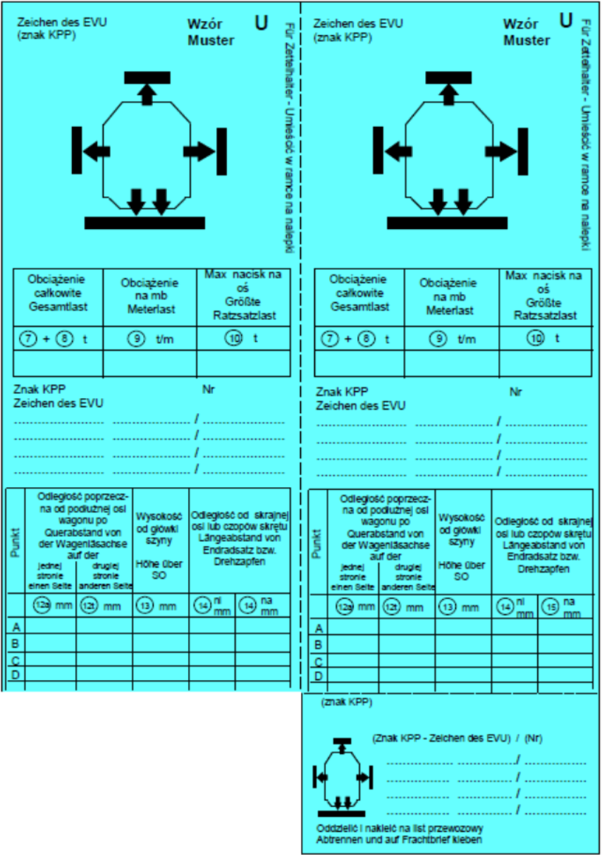Ilustracja przedstawia naklejkę "Oznakowanie przesyłek nadzwyczajnych", wzór U. Naklejka ma niebieskie tło i jest napisana w dwóch językach, polskim i niemieckim. Naklejka podzielona jest na trzy części. Dwie są takie same, trzecia jest mniejsza. Dwie duże części. Na górze jest znak KPP, poniżej rysunek z przekrojem wagonu, z którego czterech stron wystają strzałki wskazujące na czarne paski: z góry jedna, z lewej i z prawej strony po jednej oraz dwie wskazujące w dół. Obok rysunku jest napis Umieścić w ramce na nalepki. Poniżej jest tabelka w której należy wpisać obdiążenie całkowite, obciążenie na metr i maksymalny nacisk na oś. Pod tabelką są cztery linijki na znaki KPP i numery. Pod nimi jest druga tabelka, w której nalezy wpisać: odległość poprzeczna od podłużnej osi wagonu po jednej i po drugiej stronie, wysokość od główki szyny i odległość od skrajnej osi lub czopów skrętu, dla punktów A, Be, Ce i De. Na małej części jest taki sam rysunek i cztery linijki do wpisania znaków KPP i numerów oraz dopisek "oddzielić i naleić na list przewozowy".