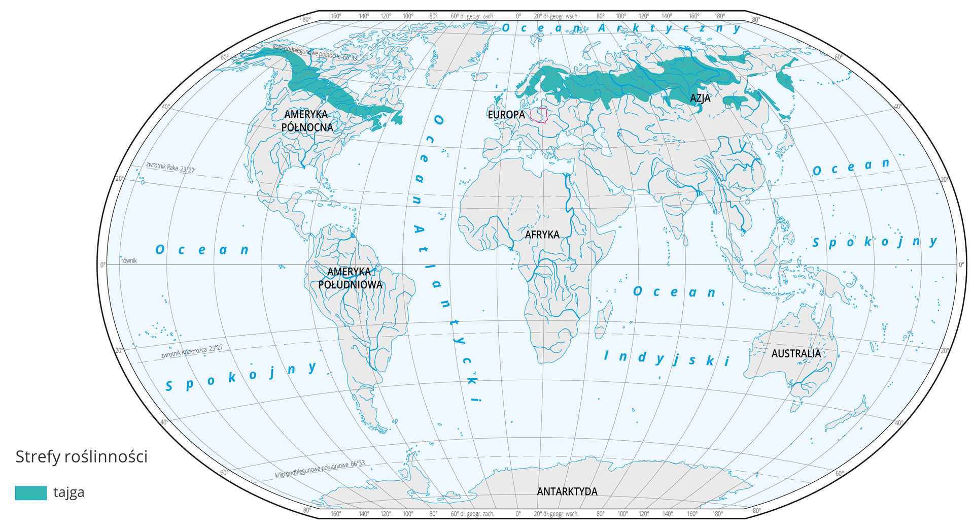 Mapa świata prezentuje występowanie tajgi na Ziemi. Obszary tajgi oznaczone kolorem turkusowym na mapie występują w: północnej części Rosji, północnej części Półwyspu Skandynawskiego oraz północnej części Alaski i Kanady.