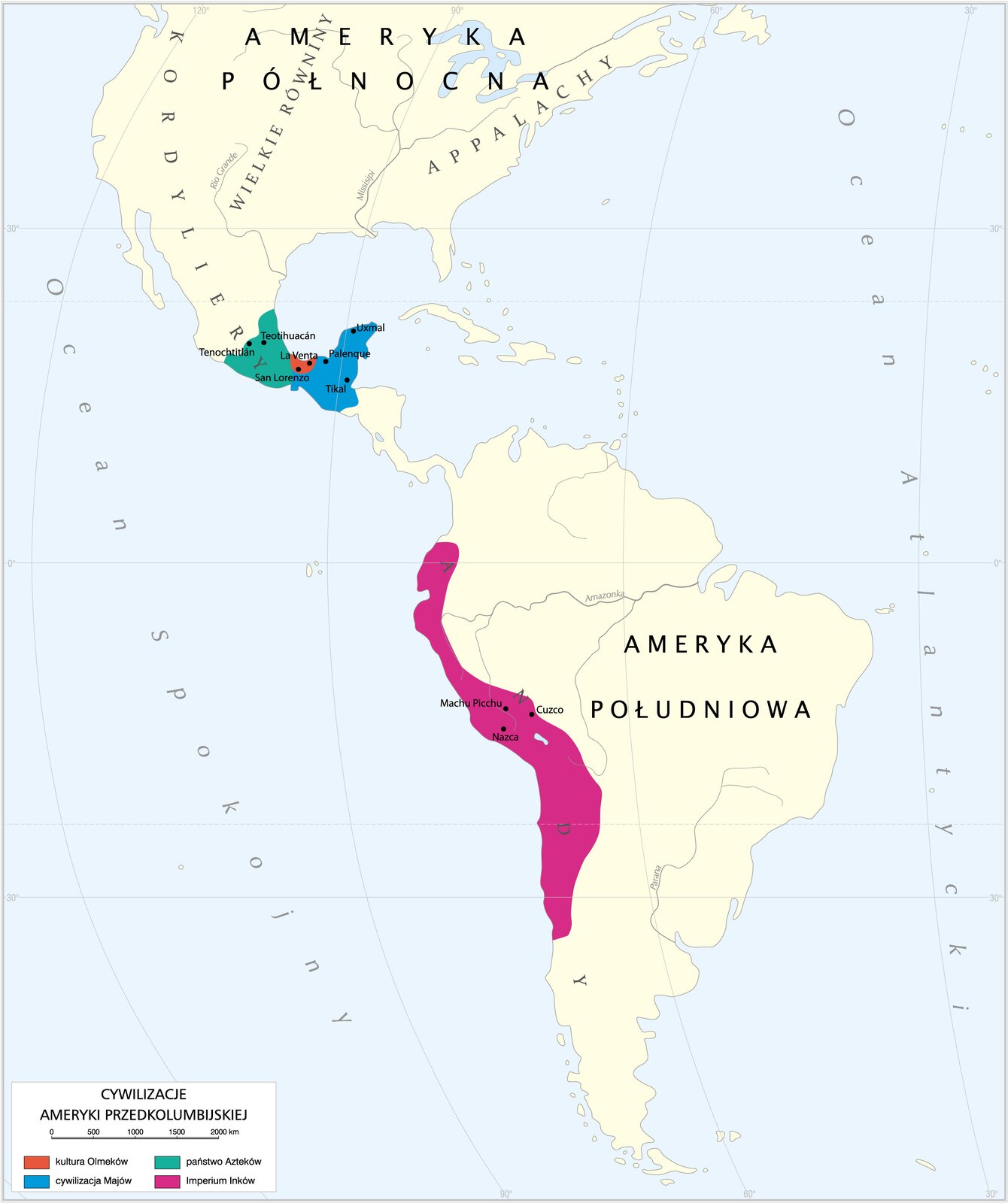 Kliknij, aby powiększyć. Na ilustracji mapa Cywilizacje Ameryki Środkowej. Na mapie zaznaczone są:
rejon występowania kultury Olmeków,
rejon występowania cywilizacji Majów,
państwo Azteków, imperium Inków.
Rejon występowania kultury Olmeków: Zatoka Meksykańska.
Rejon występowania cywilizacji Majów: Półwysep Jukatan w Ameryce Środkowej.
Państwo Azteków: Meksyk.
Imperium Inków: Góry Andy na terenie Peru i Boliwii w Ameryce Południowej.
Obok siebie sąsiadowali Majowie i Aztekowie.