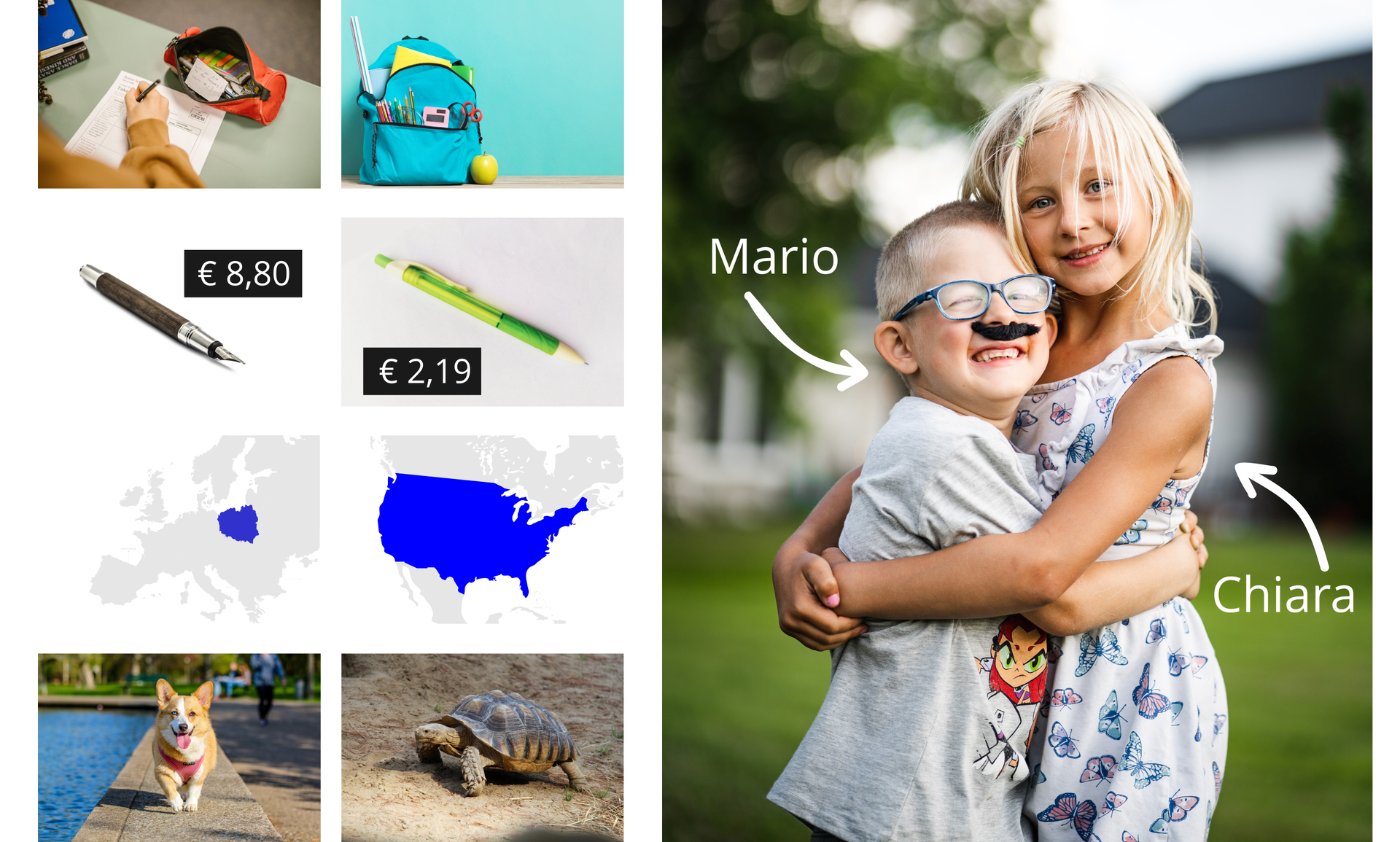 Ilustracja przedstawia zdjęcia porównujące różne przedmioty. Zdjęcia po lewej przedstawiają pary przedmiotów. Od góry: zdjęcie piórnika i plecaka, poniżej zdjęcie pióra wiecznego z ceną € 8,80 i ołówka automatycznego z ceną € 2,19. Poniżej kontury mapy Polski i USA i na dole zdjęcie biegnącego psa oraz żółwia. Po prawej znajduje się większe zdjęcie przedstawiające dziewczynkę o imieniu Chiara, która jest wyższa od chłopca o imieniu Mario.