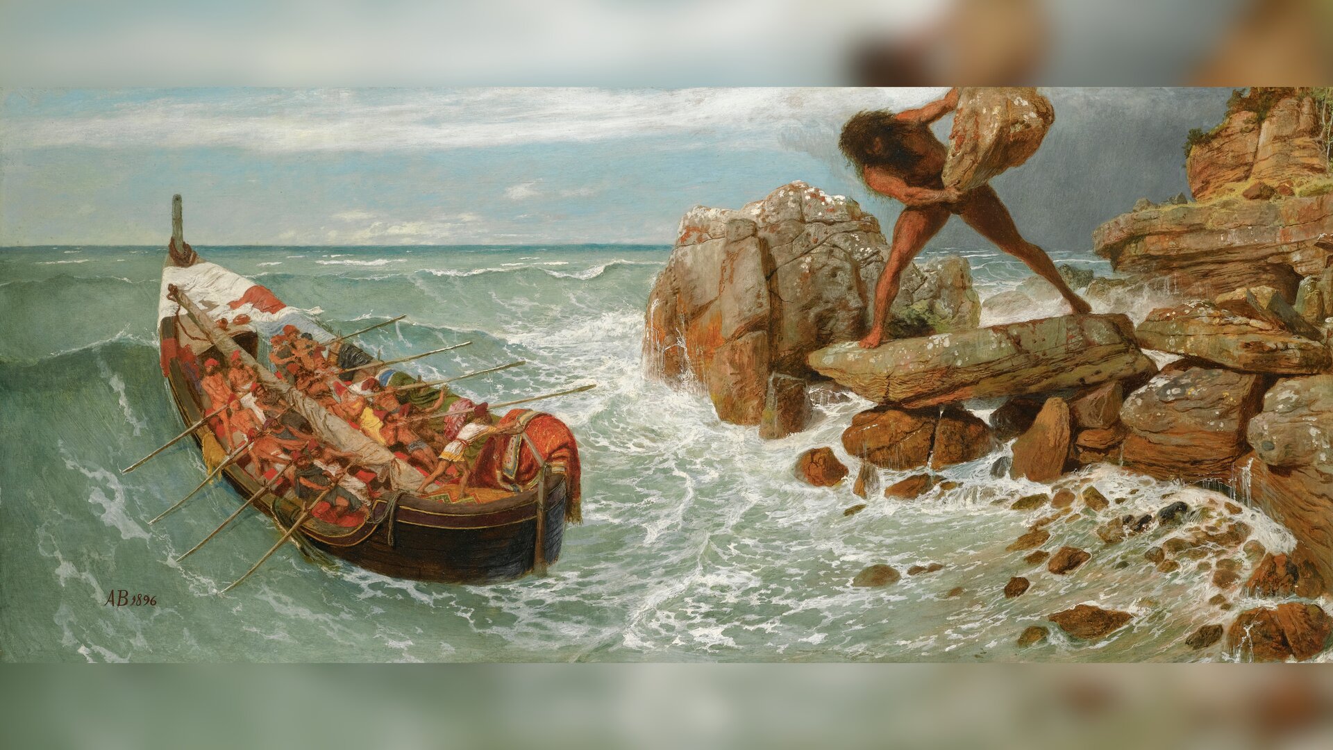 Obraz przedstawia wzburzone morze i skalisty brzeg. Na morzu znajduje się duża łódź. Wiosłują w niej liczni wioślarze. Łódź odpływa od brzegu. Na skałach stoi olbrzymi mężczyzna. Jest nagi. Trzyma w dłoniach wielki głaz, który zamierza rzucić na płynącą łódź.