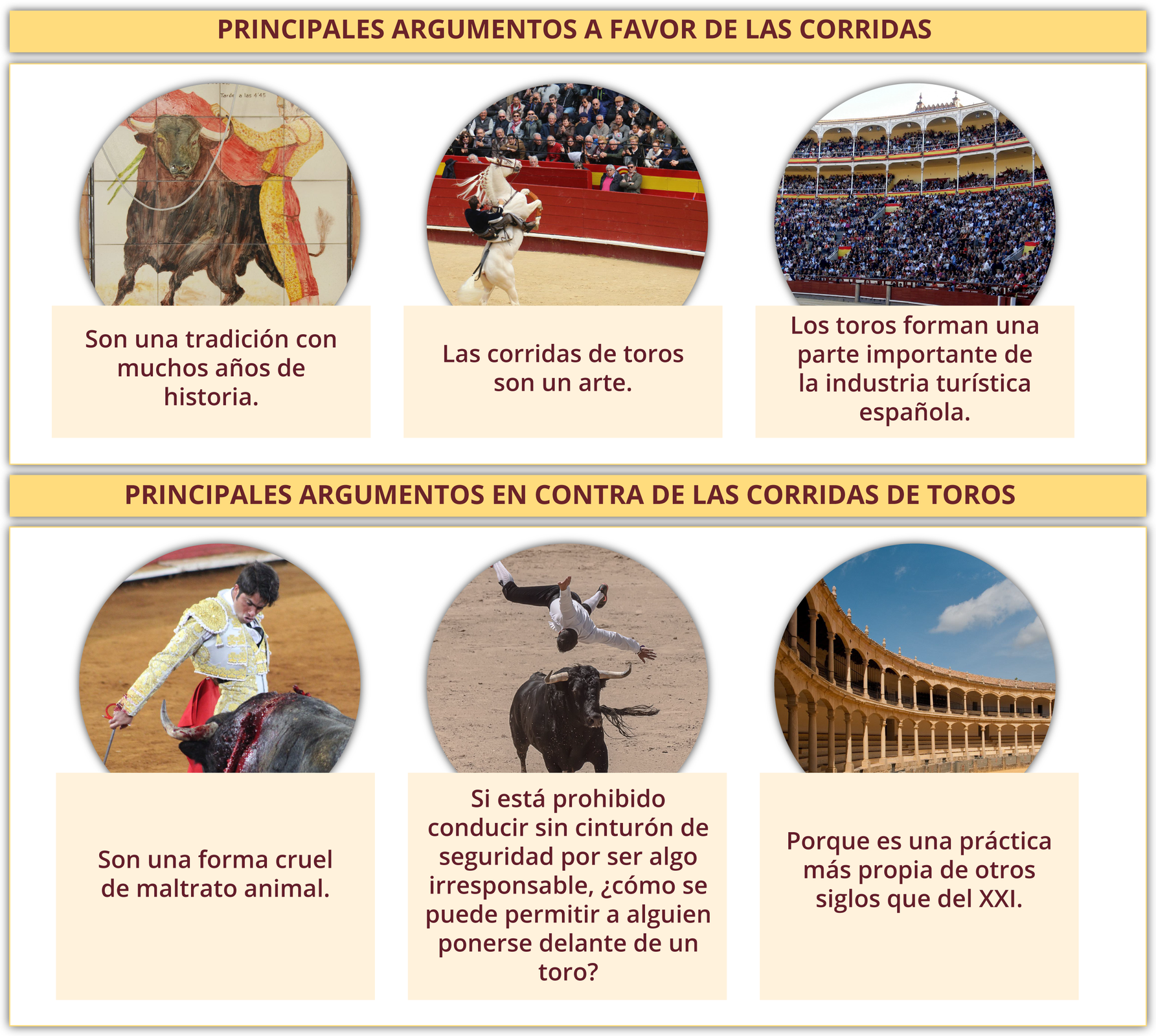 Grafika zawierając hiszpańskie słownictwo. Grafika podzielona jest na dwie części. W każdej części znajdują się po trzy zdjęcia, przy których znajdują się dodatkowe informacje.
Tytuł pierwszej części grafiki  PRINCIPALES ARGUMENTOS A FAVOR DE LAS CORRIDAS DE TOROS.Poniżej zdjęcia. 
Zdjęcie malunku znajdującego się na kafelkowej powierzchni. Przedstawia byka otoczonego hiszpańską flagą. Podpis:  Son una tradición con muchos años de historia.
Zdjęcie torreadora na koniu na arenie. Koń stoi na dwóch nogach. Podpis: Las corridas de toros son un arte.
Zdjęciecie widowni wokół areny. Widownia wypełniona jest po brzegi ludźmi. Podpis: Los toros forman una parte importante de la industria turística española.
Tytuł drugiej grafiki PRINCIPALES ARGUMENTOS EN CONTRA DE LAS CORRIDAS DE TOROS. Poniżej zdjęcia.
Zdjęcie torreadora z szablą. Obok stoi krawiący byk. Podpis: Son una forma cruel de maltrato animal. 
Zdjęcie byka na arenie. W powietrzu znajduje się spadający torreador. Podpis: Si está prohibido conducir sin cinturón de seguridad por ser algo irresponsable, ¿cómo se puede permitir a alguien ponerse delante de un toro?  
Zdjęcie starożytnej widowni wokół areny otoczonej kolumnami. Podpis: Porque es una práctica más propia de otros siglos que del XXI. 