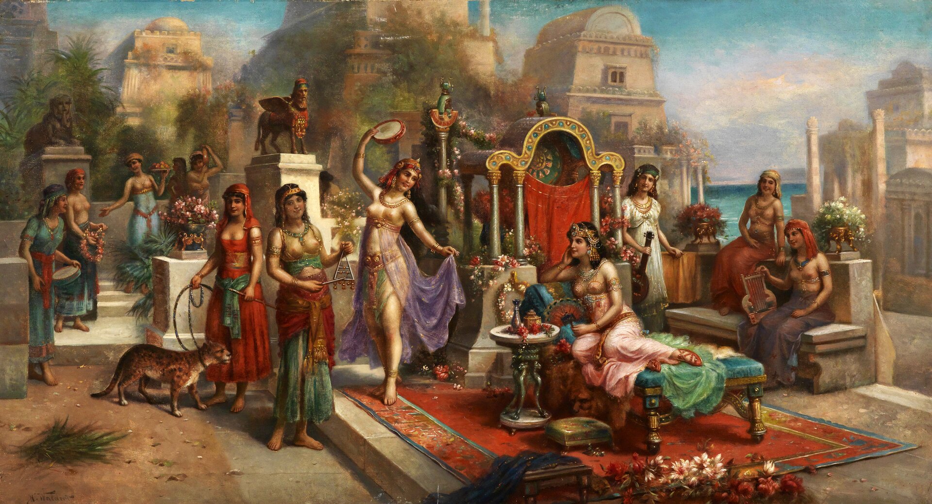 Ilustracja przedstawiająca Semiramidę pośród licznych kobiet.  Kobiety są ujęte w różnych sytuacjach. Tańczą, rozmawiają, grają na instrumentach. Jedna z kobiet trzyma na smyczy tygrysa. W części centralnej ukazana jest na łożu, na wpółleżąco Semiramida. Przygląda się kobietom. W tle widać zabudowania pałacu, egzotyczną roślinność. 