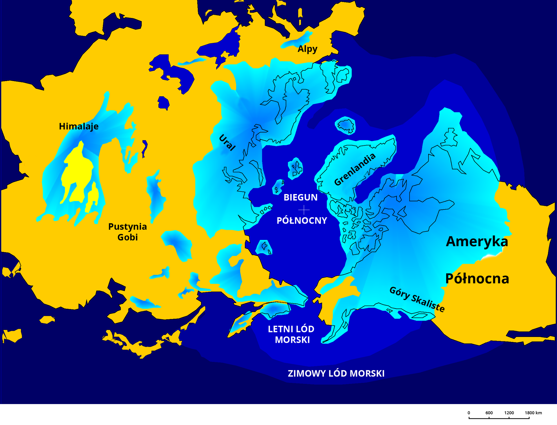 Mapa przedstawia ostatnie zlodowacenie na półkuli północnej. Objęło ono północną Azję, Himalaje, Alpy, Góry Skaliste, Grenlandię, północną Amerykę Północną. Na biegunie północnym występował letni lód morski a wokół kontynentów zimowy lód morski.