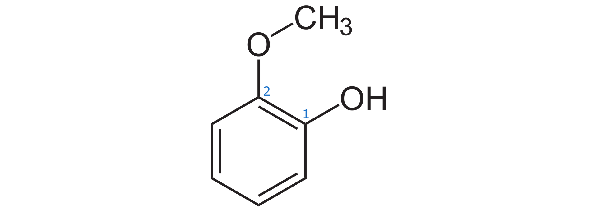 Na ilustracji jest wzór: sześcioczłonowy pierścień z trzema wiązaniami podwójnymi. Pierwszy atom węgla, po prawej stronie u góry pierścienia, łączy się z grupą O H, drugi atom węgla, na górze pierścienia, z atomem tlenu, który łączy się z grupą metylową.  