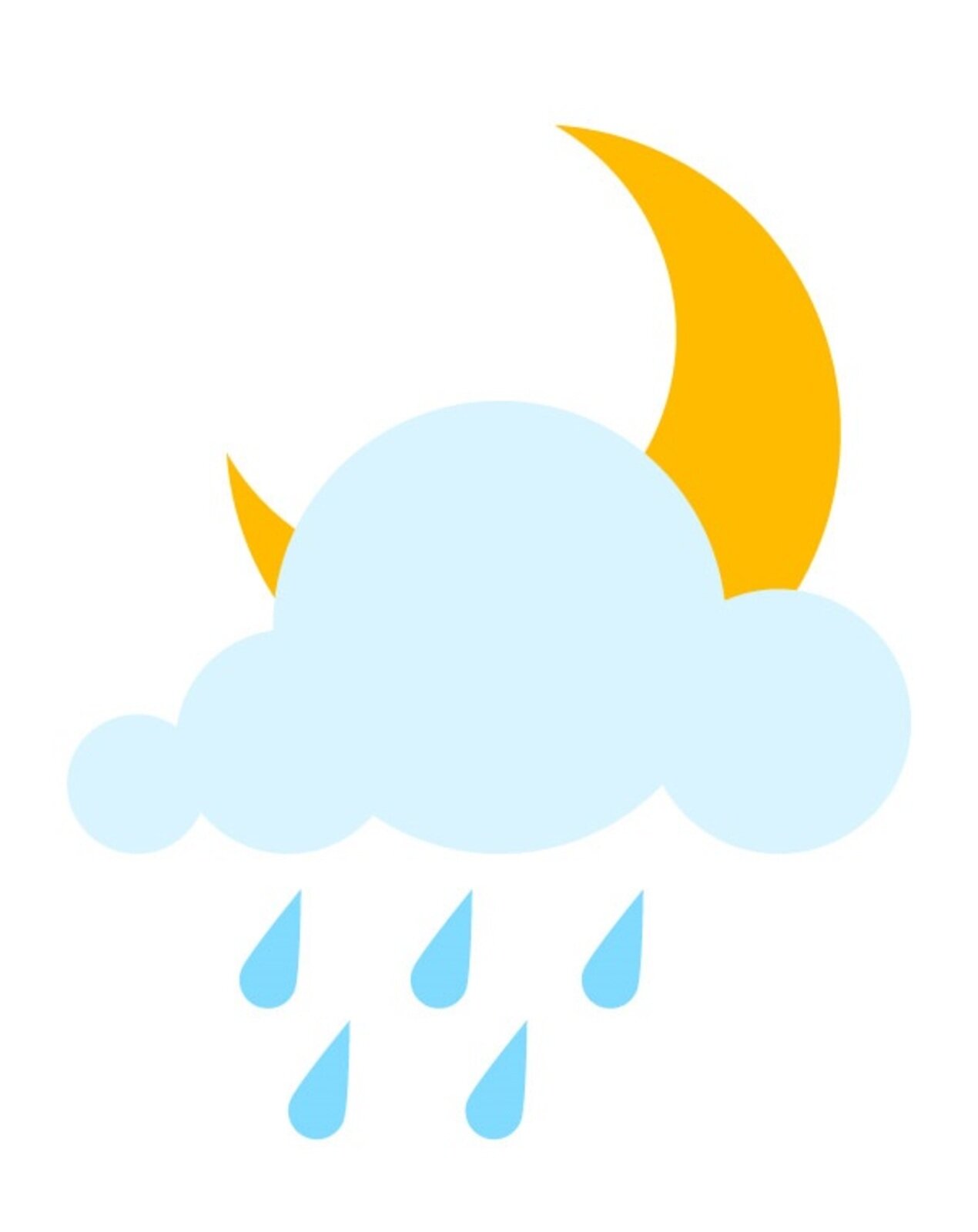 Ilustracja przedstawia chmurę, z za której wychodzi półksiężyc. Widoczne są również krople deszczu. 