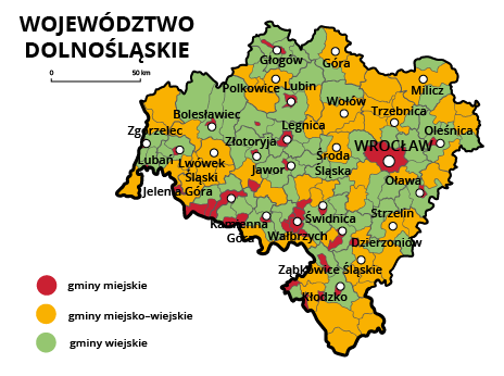 Mapa województwa dolnośląskiego. Na mapie szarymi liniami zaznaczono granice powiatów ziemskich, białymi kropkami zaznaczono miasta będące stolicami powiatów. W obrębie powiatów ziemskich kolorami wyróżniono gminy miejskie (na czerwono), miejsko‑wiejskie (na żółto) i wiejskie (na zielono). Stolicą województwa jest Wrocław. Stolicami gmin miejskich są Wrocław, Wałbrzych, Głogów, Lubin, Bolesławiec, Zgorzelec, Złotoryja, Oleśnica, Lubań, Jawor, Oława, Jelenia Góra, Kamienna Góra, Świdnica, Dzierżoniów, Legnica, Kłodzko. Stolicami gmin miejsko‑wiejskich są Góra, Polkowice, Milicz, Środa Śląska, Ząbkowice Śląskie, Wołów, Lwówek Śląski, Strzelin, Trzebnica.