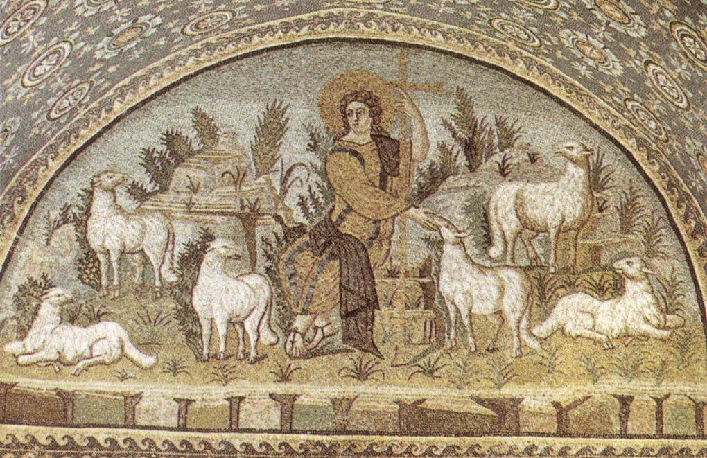 Jezus Dobry Pasterz Źródło: Jezus Dobry Pasterz, mauzoleum Galii Placydii w Rawennie, domena publiczna.