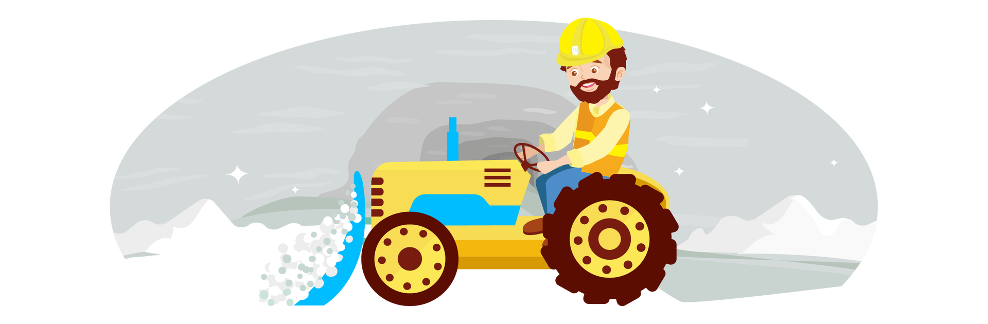 Ilustracja przedstawia wnętrze kopalni soli. Na pierwszym planie znajduje się żółto‑niebieski traktor. Prowadzi go mężczyzna o krótkich brązowych włosach, wąsach i krótkiej brodzie. Jest ubrany w jasnożółtą koszulę z długimi rękawami i kołnierzykiem, żółto‑pomarańczową kamizelkę odblaskową, długie ciemnoniebieskie spodnie i brązowe buty. Na głowie ma żółty hełm ochronny. Z przodu traktora znajduje się duża niebieska łopata, dzięki której maszyna zbiera sól.