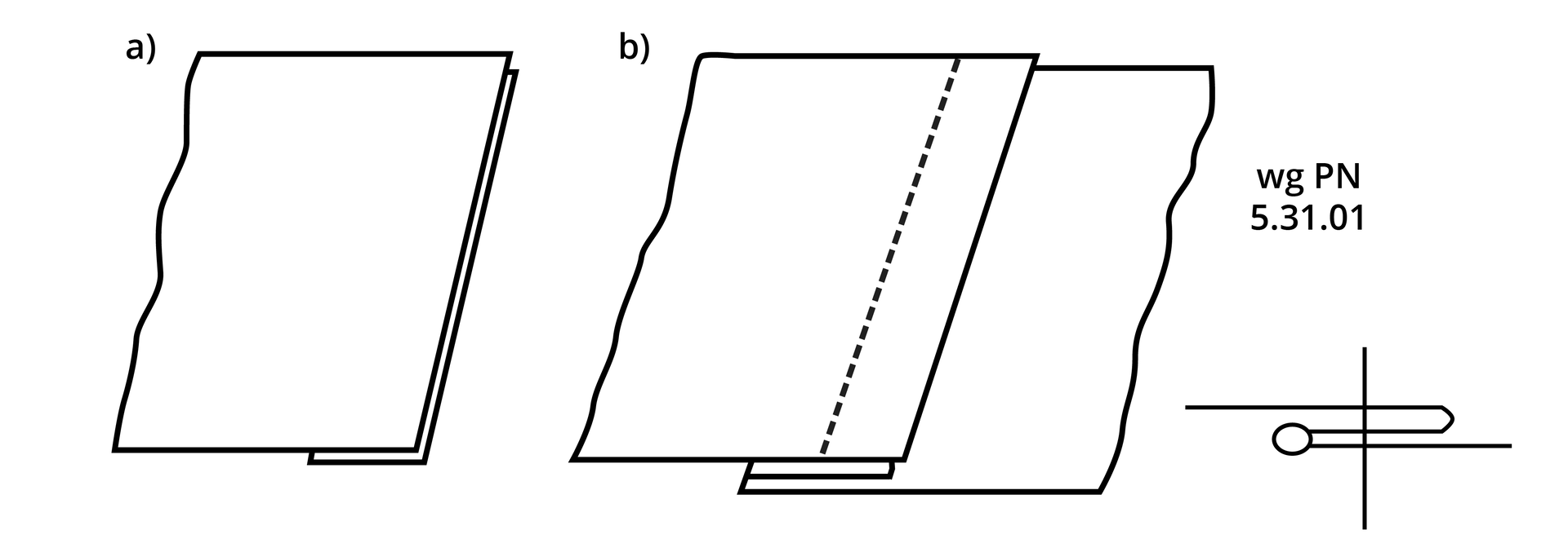 Grafika przedstawia schemat szwu nakładanego. Składa się z trzech schematów, dwóch rzutów z góry i jednego z boku. Pierwszy, oznaczony literą a, przedstawia kawałek materiału zebrany z prawej strony. Drugi, oznaczony literą be, przedstawia kawałek materiału zebrany na środku i tworzący warstwy. Trzeci schemat to rzut z boku, oznaczony "według pe en, 5.31.01" i przedstawia zakrzywioną linię zakończoną kółkiem. Pod nią jest linia prostą, a całość przecina pionowa linia prosta.