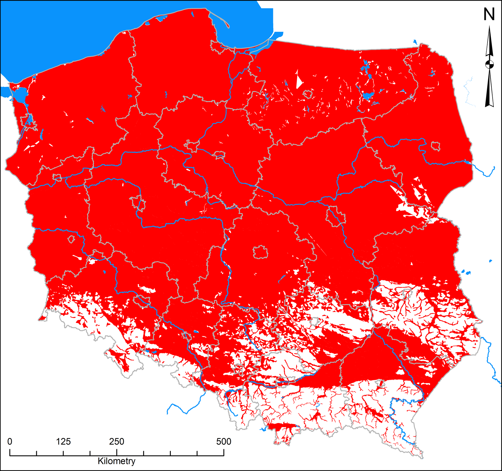 Mapa Polski przedstawiająca złoża pewnego tlenku, które obecne są całym terenie północnej i środkowej części kraju, a także w północnych częściach województwa dolnośląskiego, opolskiego, śląskiego podkarpackiego oraz w części województwa świętokrzyskiego i na północy województwa lubelskiego. 