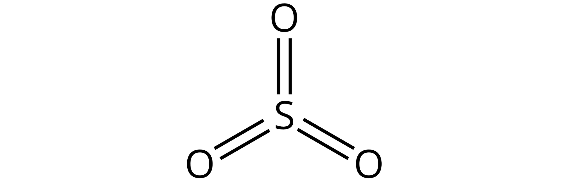 Ilustracja przedstawiająca tlenek siarki(<math aria‑label="sześć">VI) zbudowany z atomu siarki S od którego poprowadzono trzy pary kresek, w sumie sześć kresek, pomiędzy poszczególnymi parami znajduje się kąt sto dwadzieścia stopni. Każda z par kresek łączy się z jednym atomem tlenu, to znaczy pomiędzy atomem siarki i atomami tlenu występują wiązania podwójne.