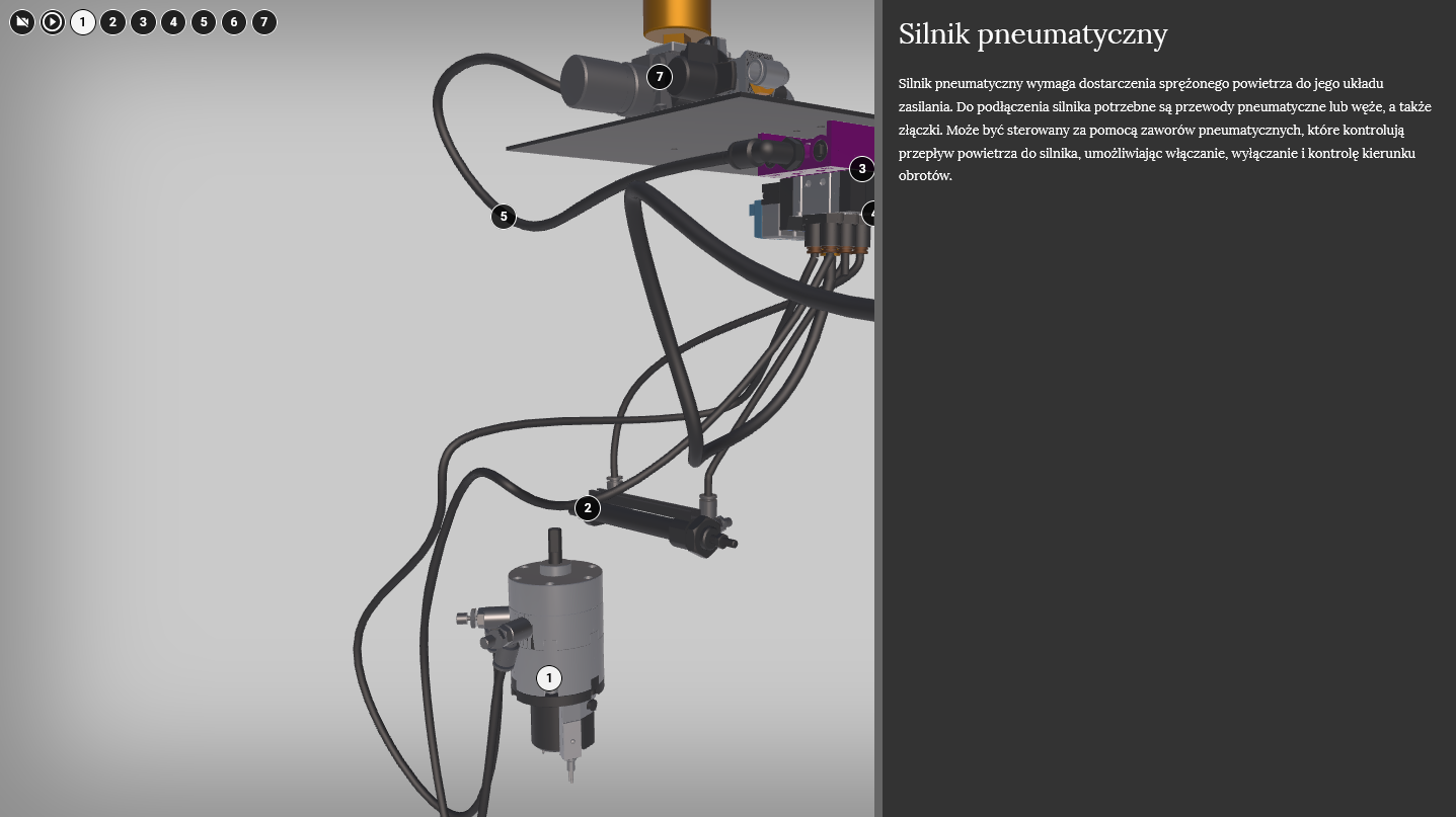 Ilustracja przedstawia przykładowy widok wizualizacji z wysuniętym panelem bocznym z informacjami. Ilustracja przedstawia przykładowy widok wizualizacji trzy de. Grafika przedstawia model instalacji hydraulicznej z ponumerowanymi znacznikami skrywającymi informacje. Jeden ze znaczników jest kliknięty, dzięki czemu po prawej stronie wyświetlony jest panel z informacjami na temat elementu, na którym kliknięty znacznik się znajduje.
