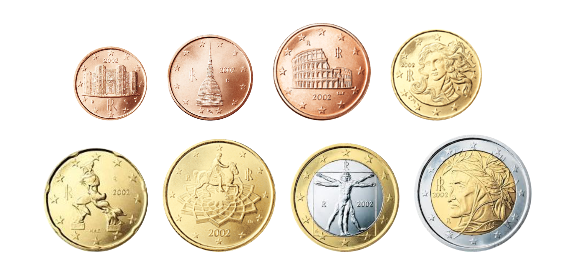 Zdjęcie przedstawia włoskie monety euro. Na ilustracji znajduje się osiem monet przedstawiających włoskie narodowe symbole. Wizerunki na poszczególnych monetach: 1 cent - zamek w Castel del Monte2 centy -  jeden z symboli Turynu, Mole Antonelliana5 centów - Koloseum w Rzymie10 centów - detal z obrazu Narodziny Wenus20 centów - rzeźba futurysty Umberto Boccioniego50 centów - posąg konny rzymskiego cesarza i filozofa Marka Aureliusza1 euro - Człowiek witruwiański, najsłynniejszą grafikę Leonarda da Vinci2 euro -  portret pisarza Dantego Alighieri