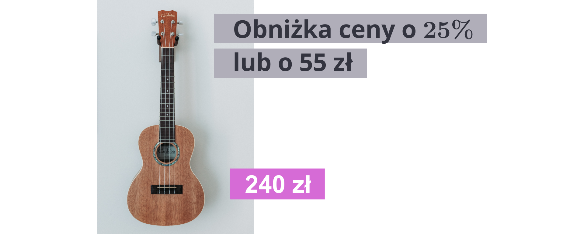 Ilustracja przedstawiająca gitarę w kolorze brązowym. Po prawej stronie fotografii znajduje się czarny napis na szarym tle: "Obniżka ceny o 25%
 lub o 55 zł". Poniżej, na różowym tle zapisano cenę instrumentu 240 zł. 