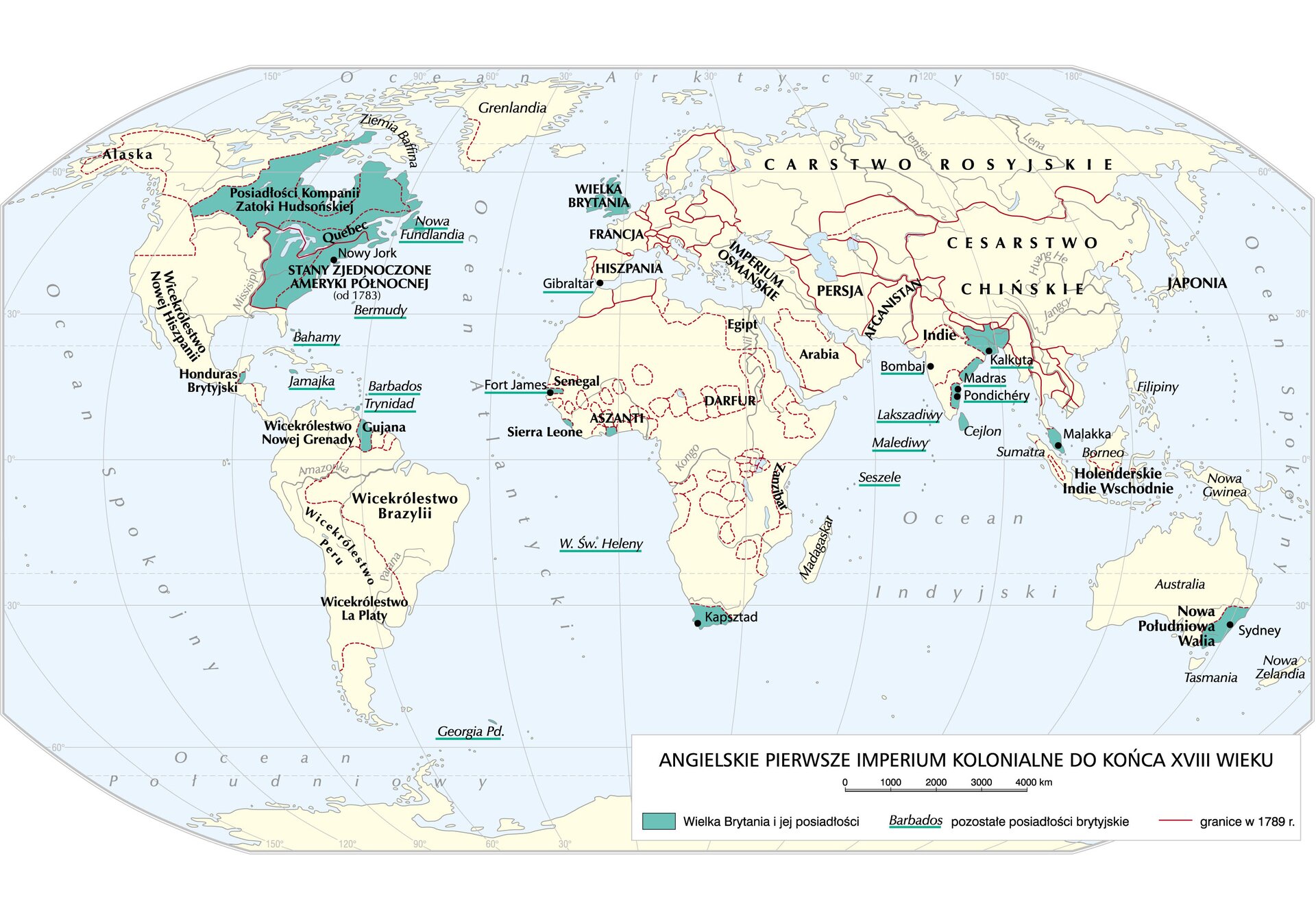 Grafika mapy przedstawiającej Angielskie pierwsze imperium kolonialne do końca XVIII wieku.