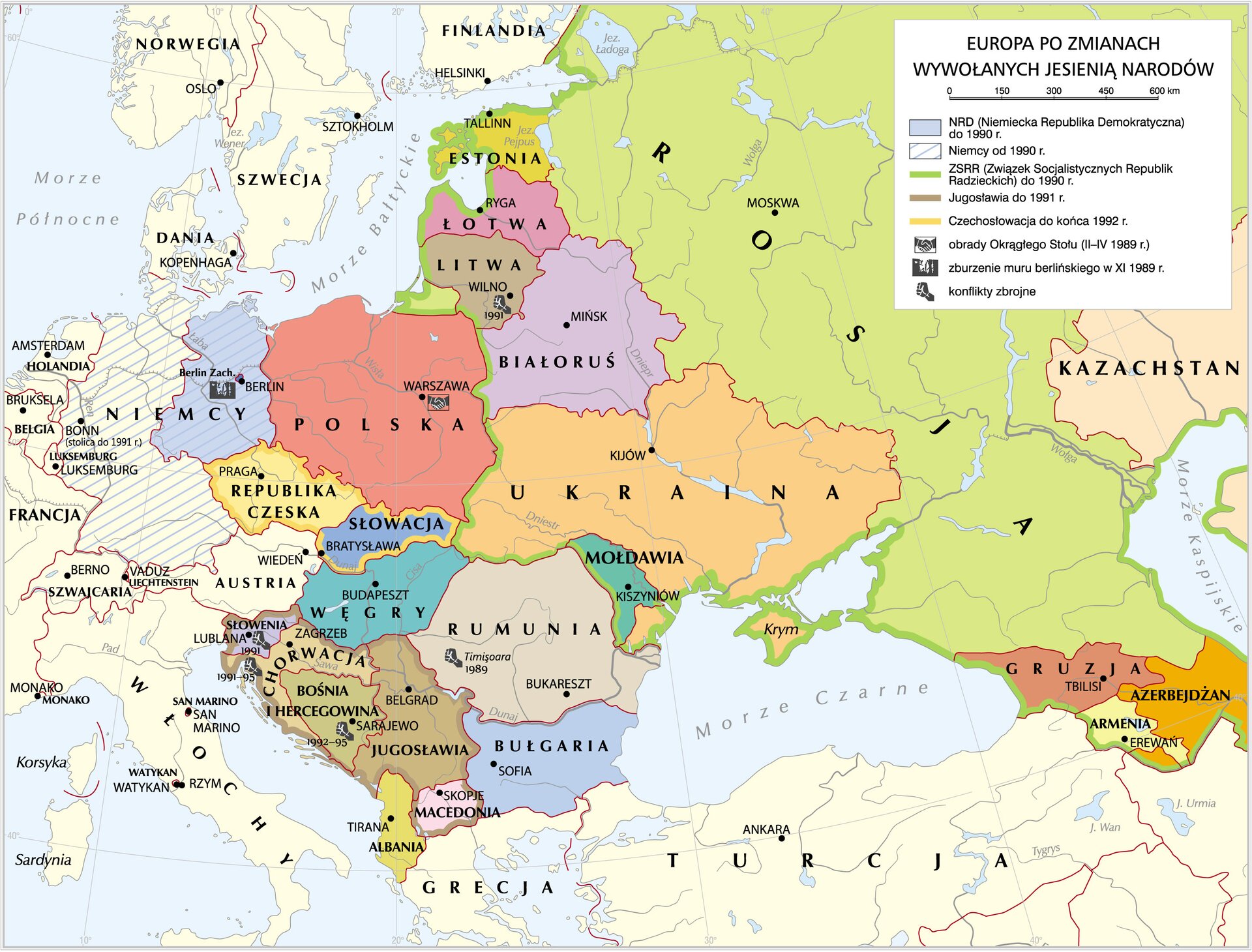 Kliknij, aby powiększyć Na ilustracji mapa Europy po 1989 r.. Zaznaczone kolorami Estonia, Łotwa, Litwa, Białoruś, Ukraina, Rosja, Polska, Czechosłowacja (zaznaczony podział na Czechy i Słowacje), Węgry, Bułgaria, Rumunia, Gruzja