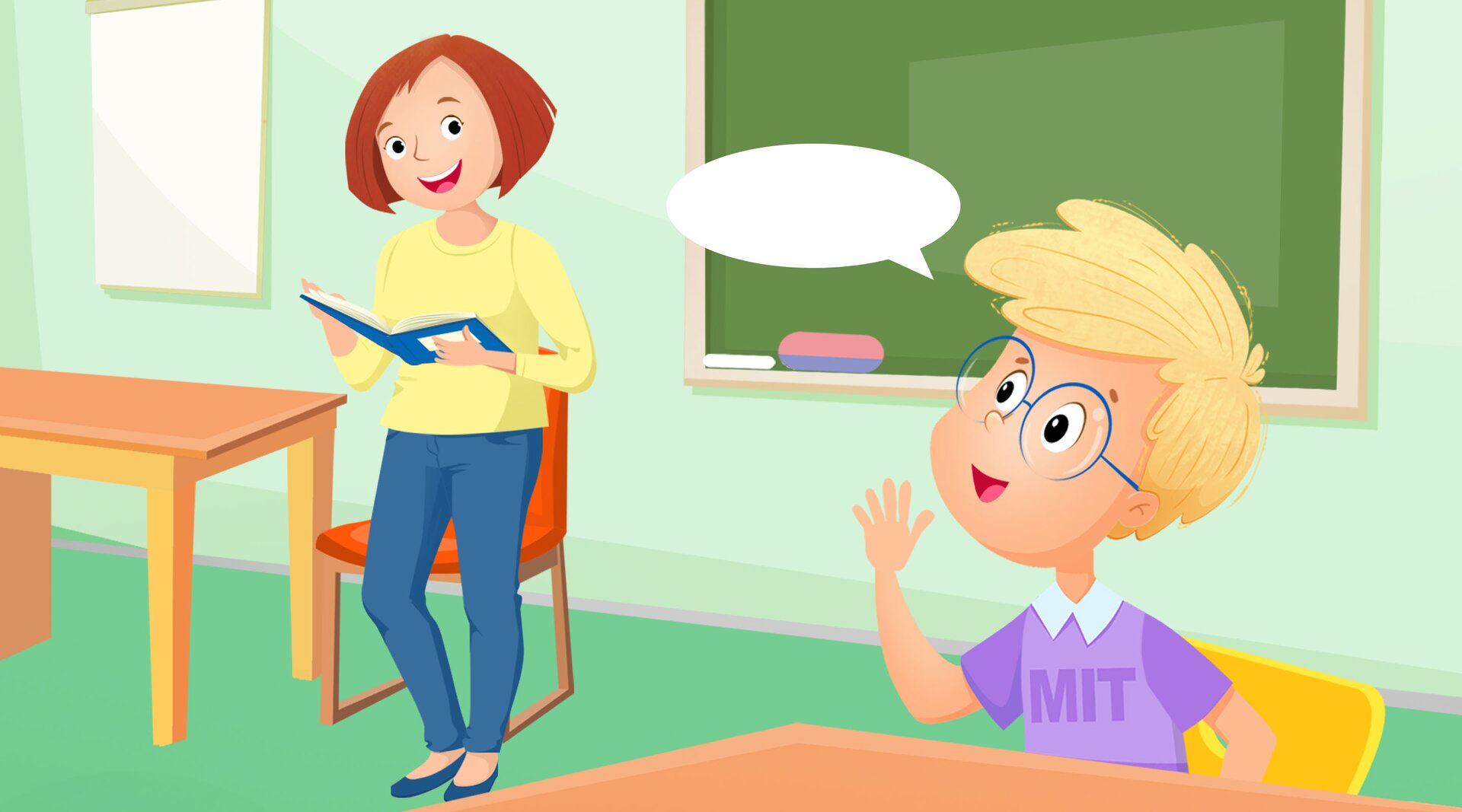 Na ilustracji znajduje się nauczycielka i uczeń w klasie, który podnosi rękę.