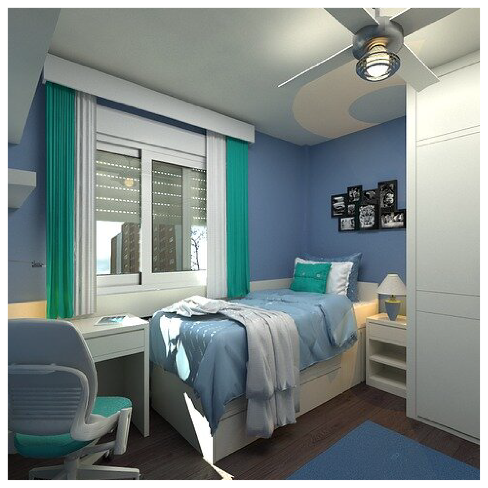 Obrazek przedstawia zdjęcie pokoju. Nawprost widać okno a pod nim biurko z krzesłem oraz łóżko. Obok łóżka stoi szafka nocna z lampką oraz szafa. Na środku leży dywan.