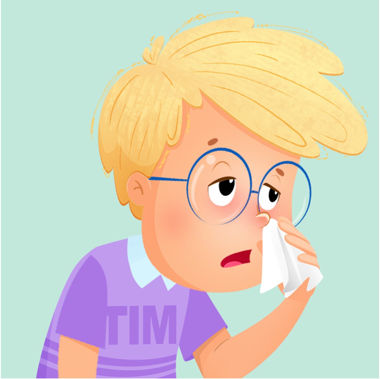Ilustracja przedstawia Tima. Wyciera nos chusteczką.