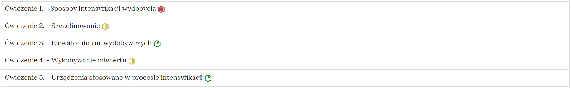Zdjęcie przedstawia przykładowy wygląd zakładek zawierających interaktywne materiały sprawdzające. Składają się one z prostokątnych paneli umieszczonych jeden pod drugim. Każdy panel posiada numer oraz tytuł, który nawiązuje do zawartego w nim zadania.