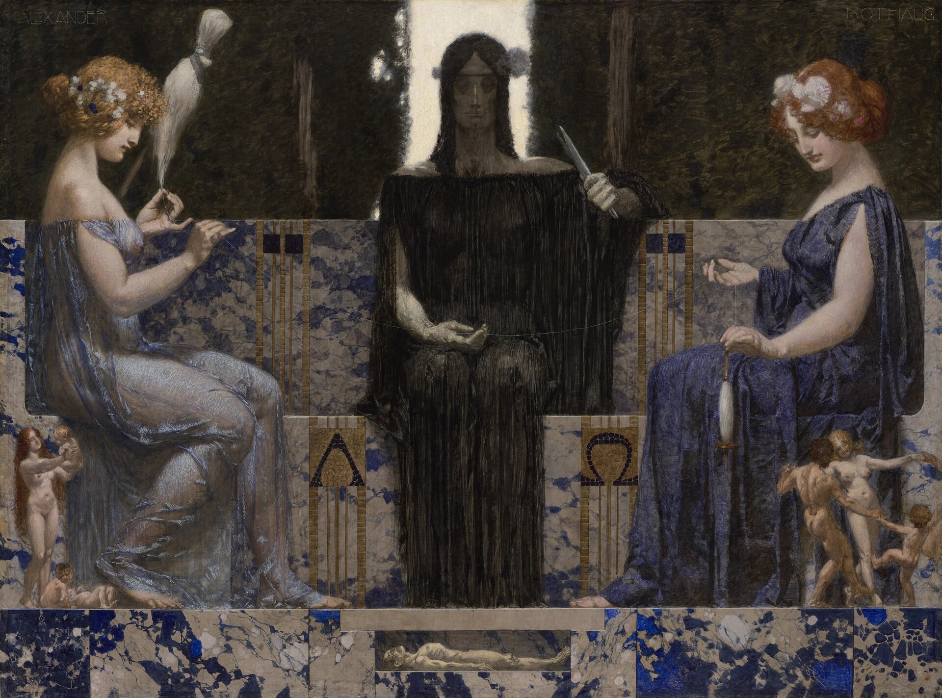 Obraz przedstawia trzy młode kobiety. Są to Mojry. Kobiety siedzą w pobliżu siebie. Każda z nich przędzie nić prowadzącą do postaci człowieka, który leży u stóp bogiń. Postać człowieka jest bardzo mała w porównaniu z olbrzymimi postaciami kobiet.