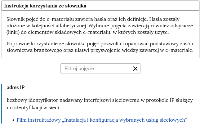 Ilustracja przedstawia widok na górną część słownika. Na górze widoczna jest instrukcja do słownika. Niżej znajduje się pole do filtrowania haseł słownika. Na dole hasło wraz z definicją.