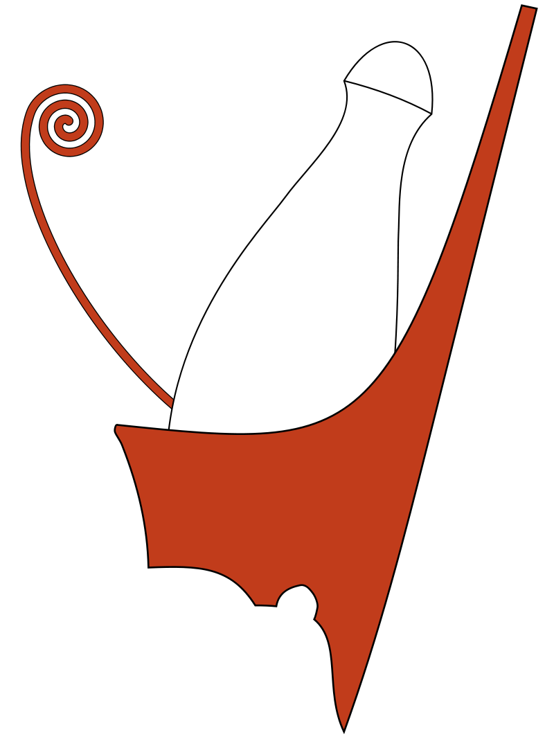 Ilustracja przedstawia wysokie nakrycie głowy. Przypomina kręgiel włożony do koszyka z jedną wysoką ścianką. Na przodzie sterczy cienki sznurek zakończony u góry rulonem.