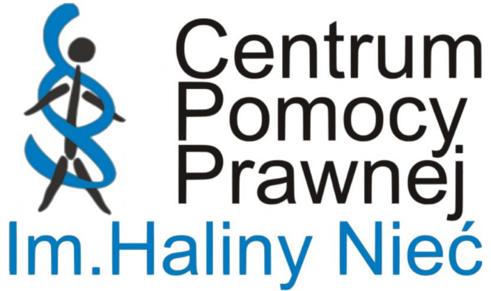 Ilustracja przedstawia logo Centrum Pomocy Prawnej im. Haliny Nieć. Po lewej stronie jest rysunek człowieka oplecionego symbolem paragrafu. Po prawej stronie napis: Centrum Pomocy Prawnej im. Haliny Nieć.