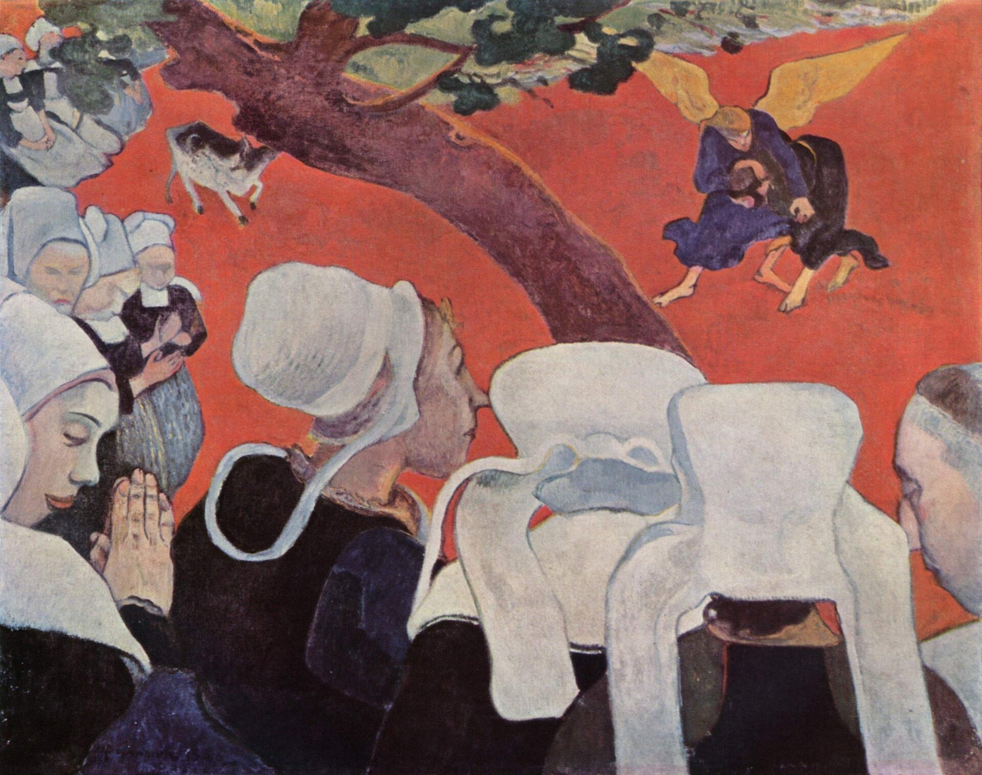Ilustracja przedstawia obraz „Wizja po kazaniu. Walka Jakuba z aniołem” autorstwa Paula Gauguina. Obraz ukazuje tłum kobiet na pierwszym planie przyglądających się walce Jakuba z aniołem. Obraz na pół dzieli ukośne drzewo.