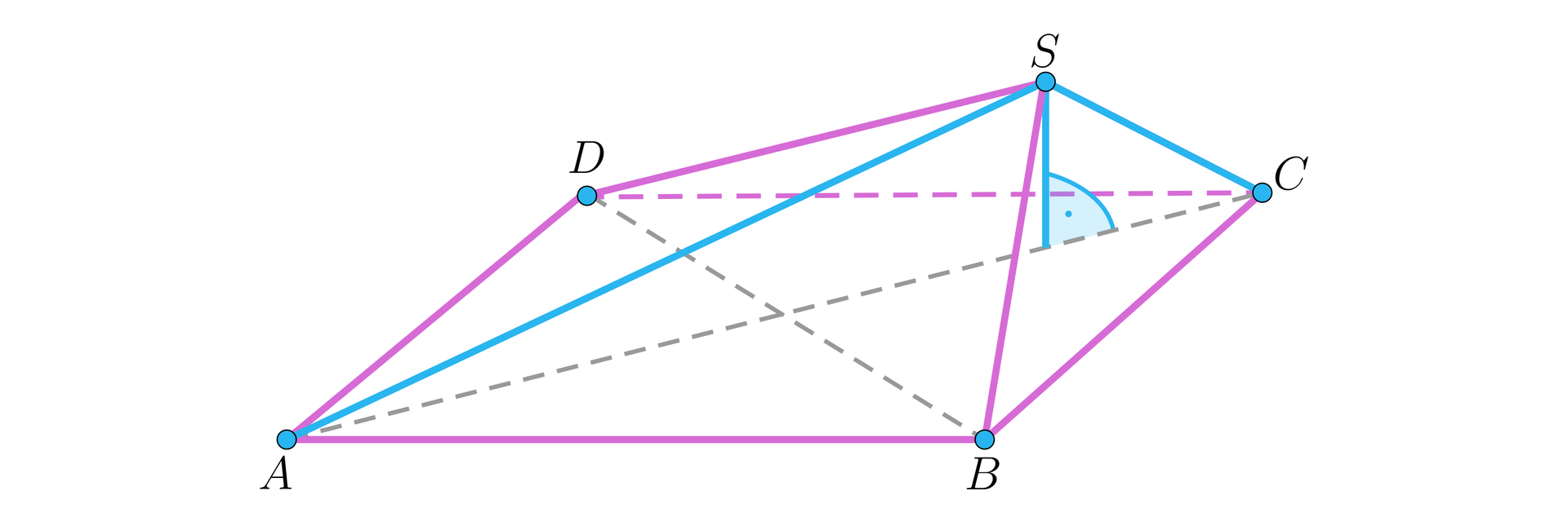 Ilustracja przedstawia ostrosłup czworokątny, o wierzchołkach podstawy A B C D i wierzchołku górnym S. W podstawie liniami przerywanymi zaznaczono jej przekątne. W ostrosłupie zaznaczono jego wysokość opuszczoną na podstawę z wierzchołka S, spodek wysokości leży na przekątnej AC.  Kolorem różowym zaznaczono krawędzie: AB, BC, CD, AD, BS oraz DS.