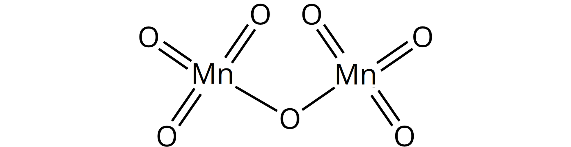 Ilustracja przedstawiająca wzór tlenku manganu(<math aria‑label="siedem">VII), w którym atom tlenu O połączony jest wiązaniami pojedynczymi z dwoma atomami manganu Mn, z których każdy łączy się jeszcze za pomocą wiązań podwójnych z trzema atomami tlenu O.