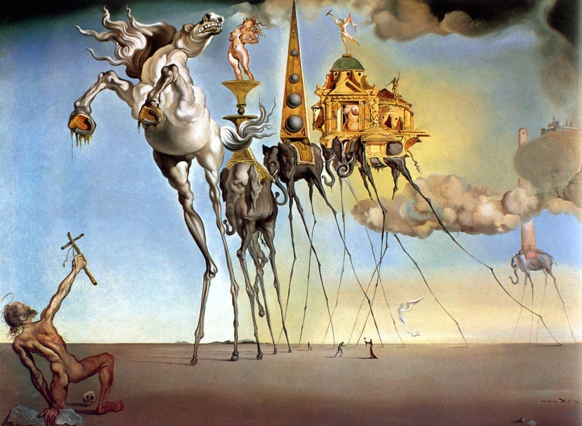 Dzieło przedstawia postać świętego Antoniego, który stoi jest w lewym dolnym rogu obrazu, i został ukazany jako stary, siwy oraz nagi mężczyzna. Antoni opiera się ręką o kamień, drugą, w której trzyma krzyż, ma wyciągniętą w kierunku demonicznego białego konia, który stoi na dwóch długich nogach. Za koniem widoczne są słonie, które na swoich grzbietach niosą konstrukcje i budowle. Na pierwszym słoniu widoczna jest naga rudowłosa piękność w kuszącej pozycji. Kobieta stoi na wysokim złotym cokole przymocowanym do grzbietu słonia. Wątek kuszenia znajduje się także na trzecim słoniu, w złotym budynku przymocowanym do grzbietu słonia widoczne są nagie piersi kobiety. W oddali, pod długimi nogami słoni, widoczne są 4 postaci. Najbliżej po prawej stronie osoba w długiej szacie trzymająca w wyciągniętej do przodu ręce krzyż. Naprzeciwko tej osoby pochylony do przodu człowiek. na ostatnim planie kontury kobiety trzymającej za rękę małe dziecko.