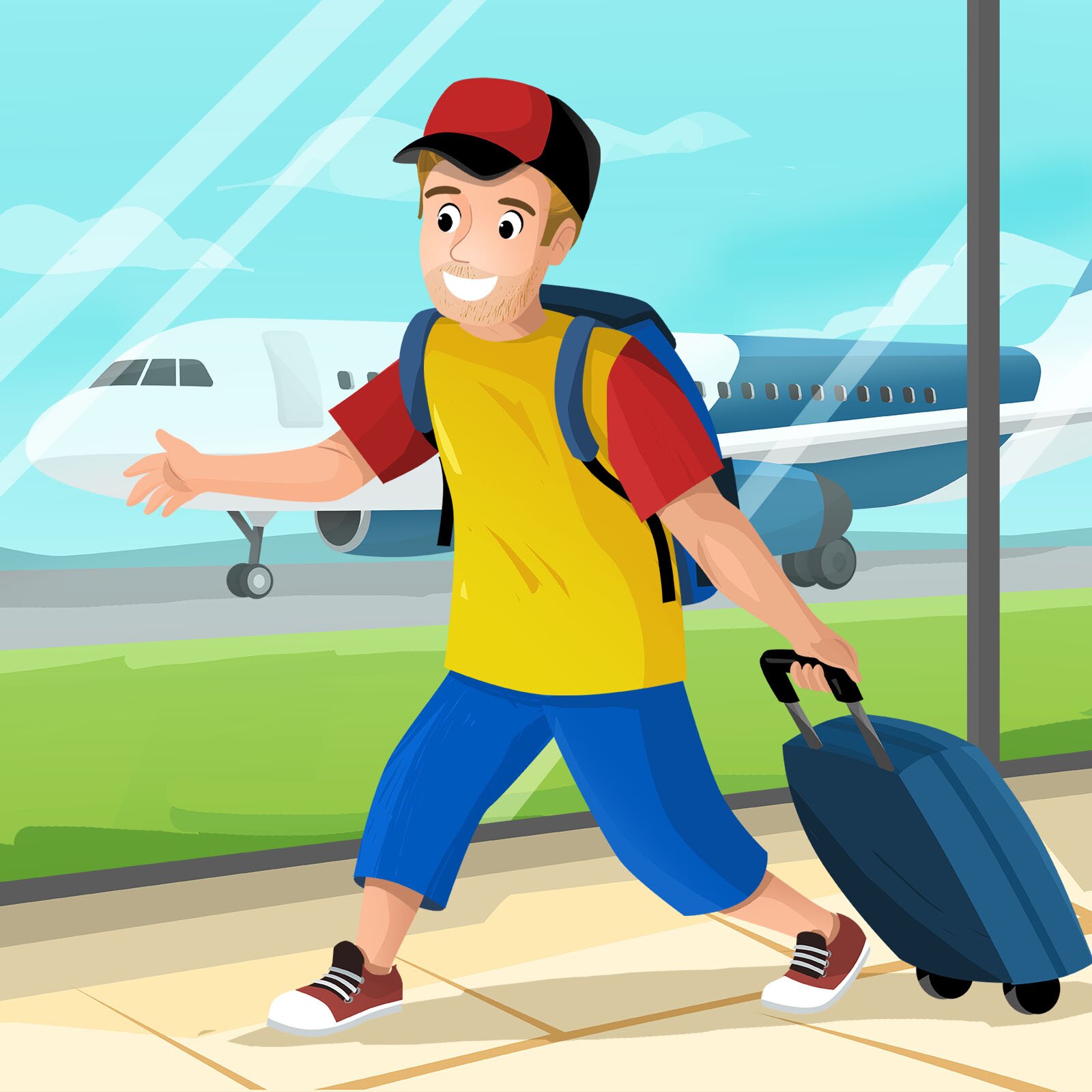 Ilustracja przedstawia piłkarza idącego z walizką. W tle widoczny jest samolot. 