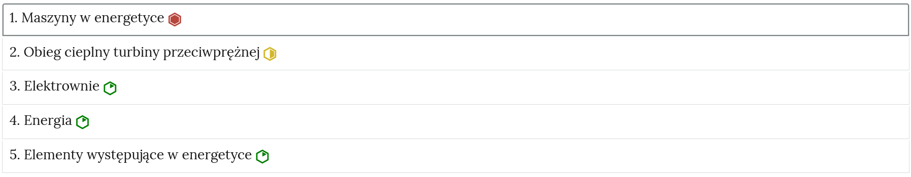 Przykładowy wygląd zakładek zawierających interaktywne materiały sprawdzające. Na zdjęciu widoczne są niewielkie prostokąty tworzące zakładki, które zostały opatrzone nagłówkami. Po prawej stronie zakładek mieszczą się oznaczenia w postaci okręgów: zielonych, żółtych oraz czerwonych.
