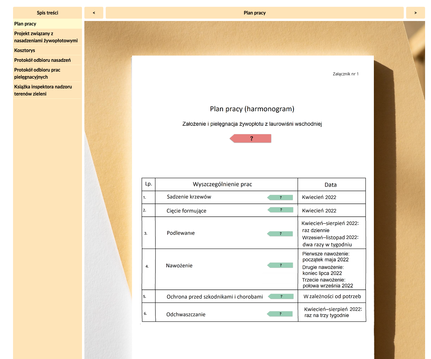 Zrzut ekranu przedstawia stronę główną dokumentacji interaktywnej. Po lewej stronie widoczny jest spis treści z zakładkami do wyboru. Na środku ekranu znajduje się dokument z planem pracy (harmonogramem).