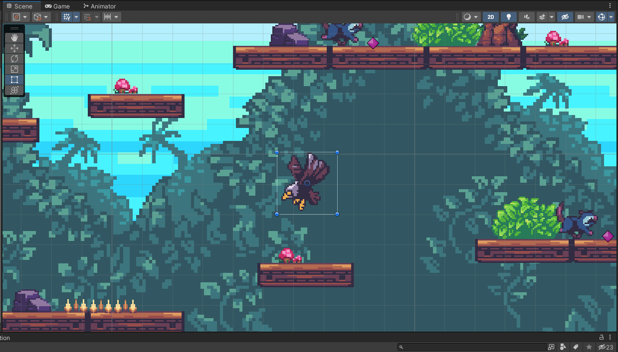 Ilustracja przedstawia panel programu  Unity Hub  z projektem gry platformowej. Widoczne są fragmenty niebieskiego nieba, obfita zielona roślinność na podłożu oraz drewniane platformy umiejscowione na różnych wysokościach. Nad środkową platformą unosi się postać orła w locie znajdująca się w niebieskiej, kwadratowej ramce.