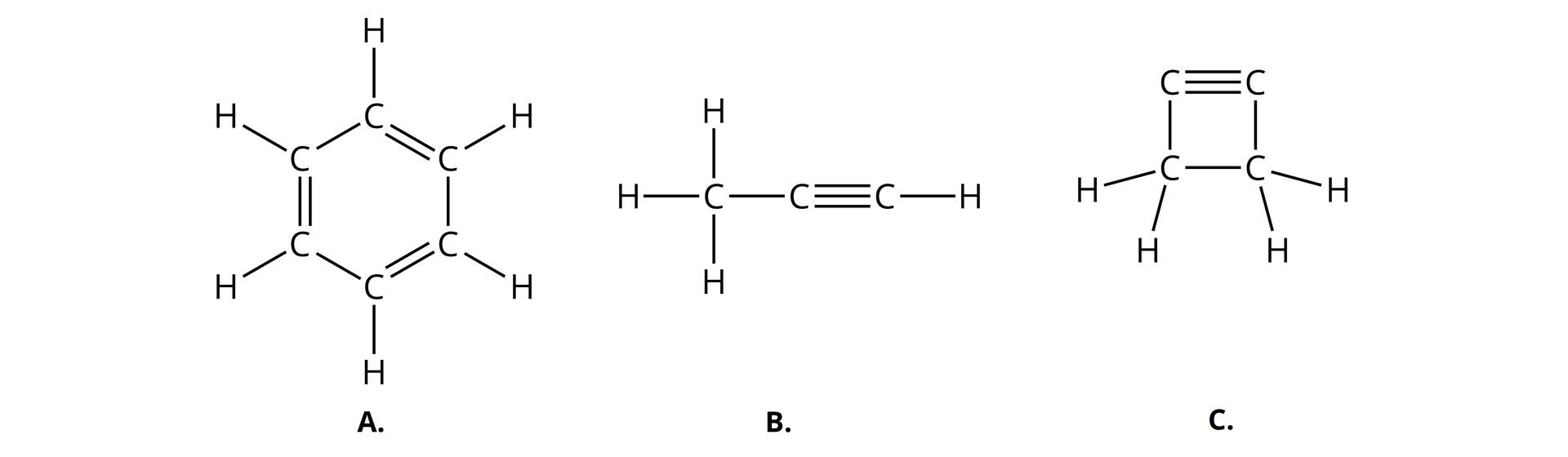 Na ilustracji są trzy wzory. Wzór A: pierścień z trzema wiązaniami podwójnymi, każdy atom węgla z pierścienia łączy się z wodorem. Wzór B: trzy atomy węgla. Pomiędzy dwoma z nich jest wiązanie potrójne. We wzorze są cztery atomy wodoru. Wzór C: cztery atomy węgla łączą się, tworząc kształt kwadratu. Między dwoma atomami węgla jest wiązanie potrójne. We wzorze są cztery atomy wodoru. 