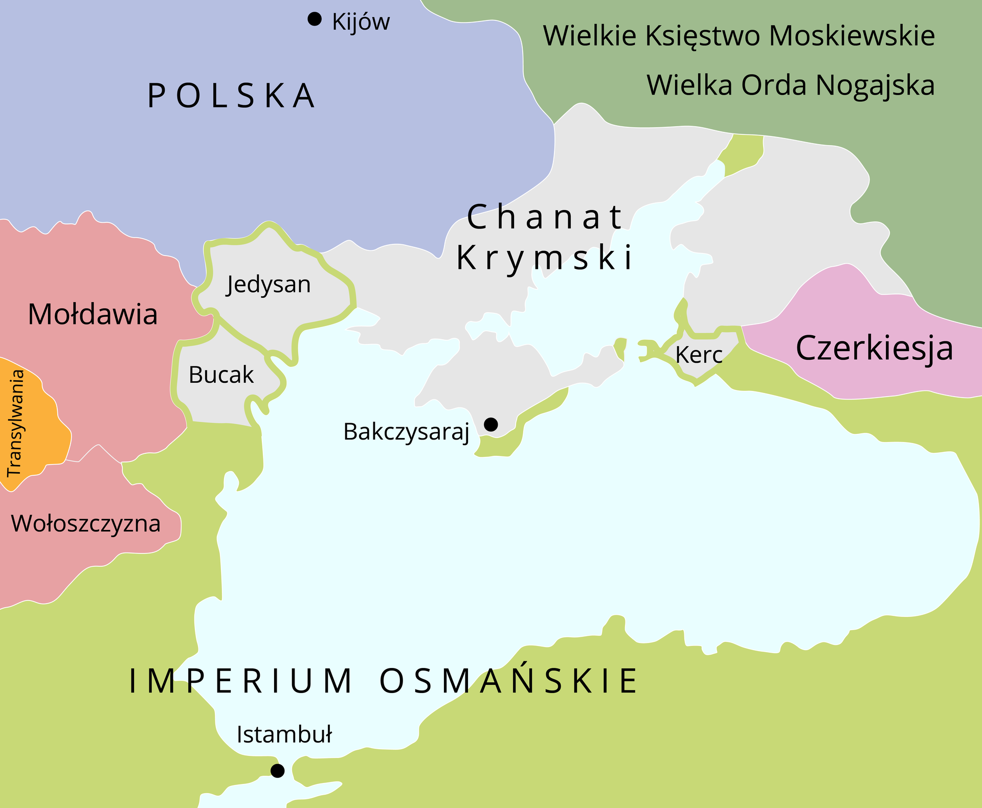 Ilustracja przedstawia mapę ukazującą fragment Europy centralnej, wschodniej i południowej oraz Azję. Na mapie zaznaczono południowy fragment Polski, której granica od wschodu obejmuje miasto Kijów, a od południa graniczy z Chanatem Krymskim leżącym wokół Morza Azowskiego. Chanat Krymski leżał głównie na terenie współczesnej południowej Ukrainy, na fragmencie Rosji. Chanat Krymski od północny graniczył z Polską, Wielkim Księstwem Moskiewskim, Wielką Ordą Nogajską. Na wschodzie z Czerkiesją. Na południu z Morzem Czarnym i Imperium Osmańskim, a od zachodu z Mołdawią, Wołoszyną i Transylwanią.