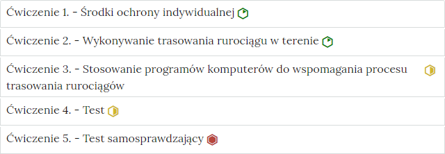 Przykładowy wygląd zakładek, zawierających interaktywne materiały sprawdzające. Obok treści widoczne oznaczenia poziomu trudności zadania w postaci sześciokątów. Pierwszy jest zielony, środek ikonki jest biały z jednym fragmentem zielonym. Fragment jest trójkątny i jego podstawę tworzy jeden bok sześciokąta. Druga ikonka jest żółta. Jej jedna połowa jest biała, a druga żółta. Trzecia ikona jest czerwona. Cały jej środek jest czerwony.