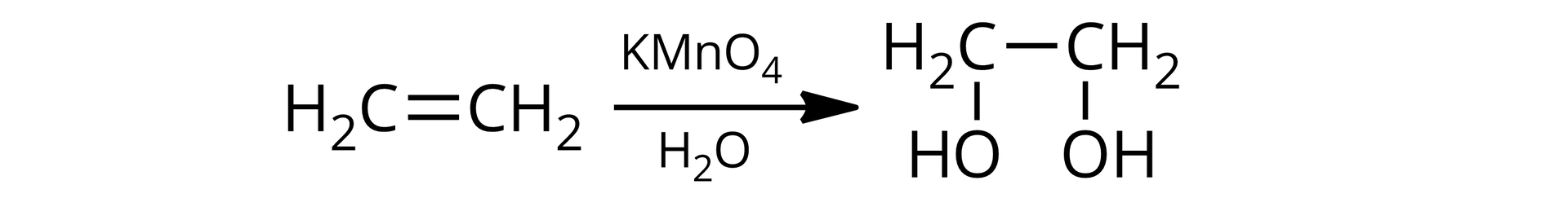 Ilustracja przedstawia równanie reakcji utleniania etenu do glikolu etylenowego. Eten, strzałka i zapis: nadmanganian potasu i woda, produkt reakcji: glikol etylenowy o wzorze: dwie grupy CH indeks dolny dwa połączone ze sobą wiązaniem pojedynczym. Do każdej z grup przyłączona jest wiązaniem pojedynczym grupa hydroksylowa, OH.