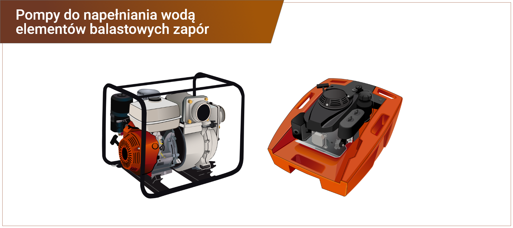 Grafika w ramce z podpisem: pompy do napełniania wodą elementów balastowych zapór. Przedstawia dwa rodzaje pomp. Po lewej stronie jest pompa przewoźna w metalowym stelażu. Składa się z silnika, zbiornika na paliwo oraz przyczepów do rur. Po prawej stronie jest mniejsza pompa przenośna. Silnik, zbiornik na paliwo i pozostałe elementy są w pomarańczowej obudowie z uchwytami po każdej ze stron. 