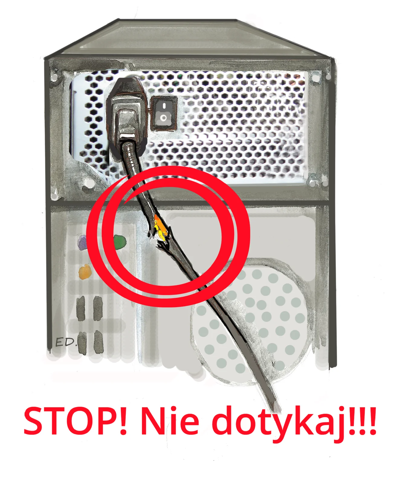 Slajd 2 galerii fotografii. Ilustracja przedstawia komputer, do którego podłączony jest uszkodzony kabel zasilający. Wielkimi literami tekst "STOP! NIE DOTYKAJ"